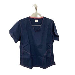 Nu Dimension Navy Scrubs Top W/ Pink Trim V-Neck